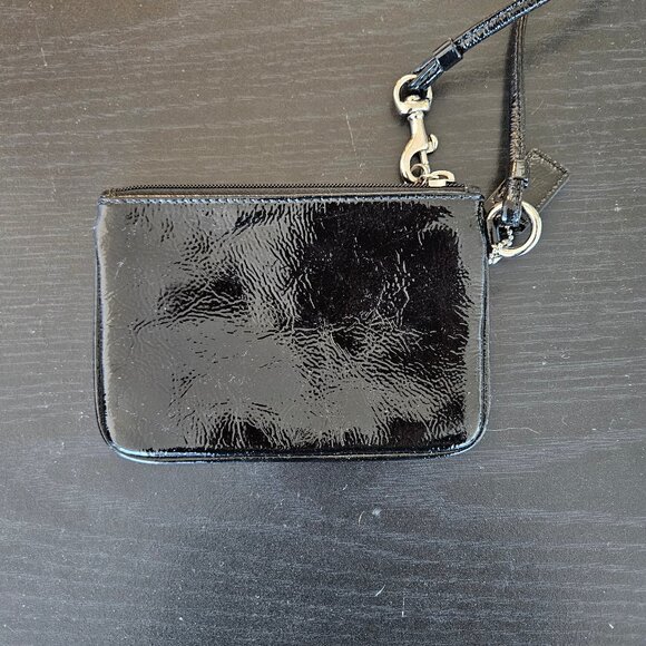 Coach Poppy Black Patent Leather Wristlet with Graphic Logo & Leopard Lining - Picture 2 of 3